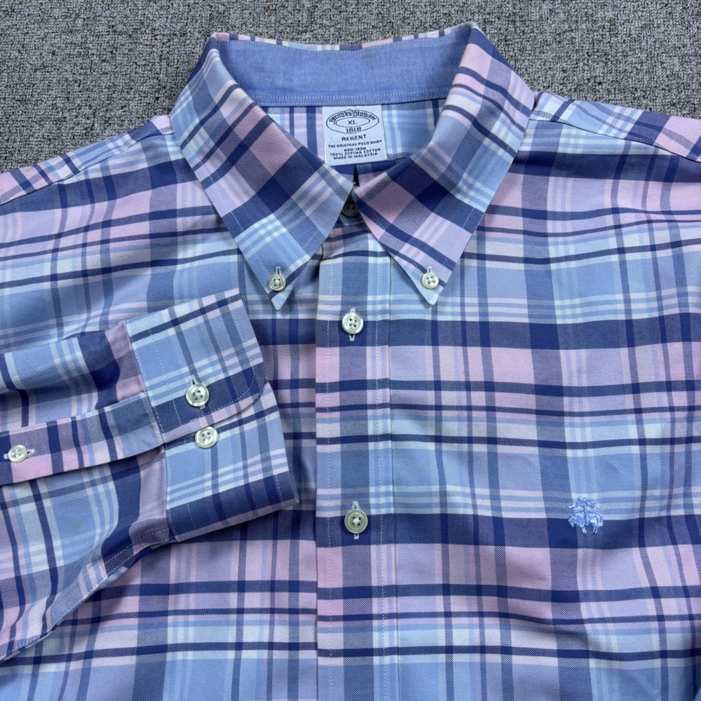 Brooks Brothers Shirt Mens XL Blue Pink Regent Plaid Non-Iron Supima Cotton LS